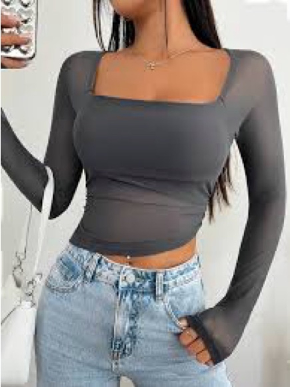 SHEIN Solid Light Gray Sheer Square Neck Long Sleeve Crop Top